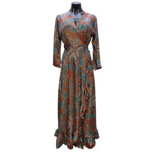 Cienna Silk Blend Wrap Dress Turquoise & Orange M